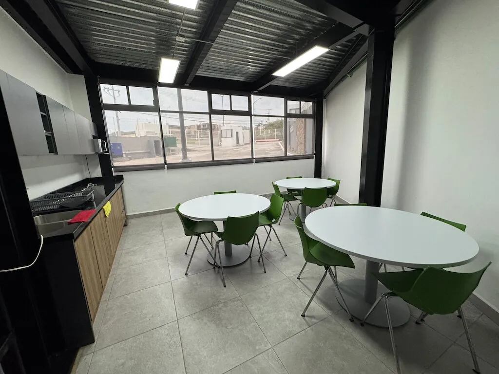 Comedor con mesas redondas y sillas verdes